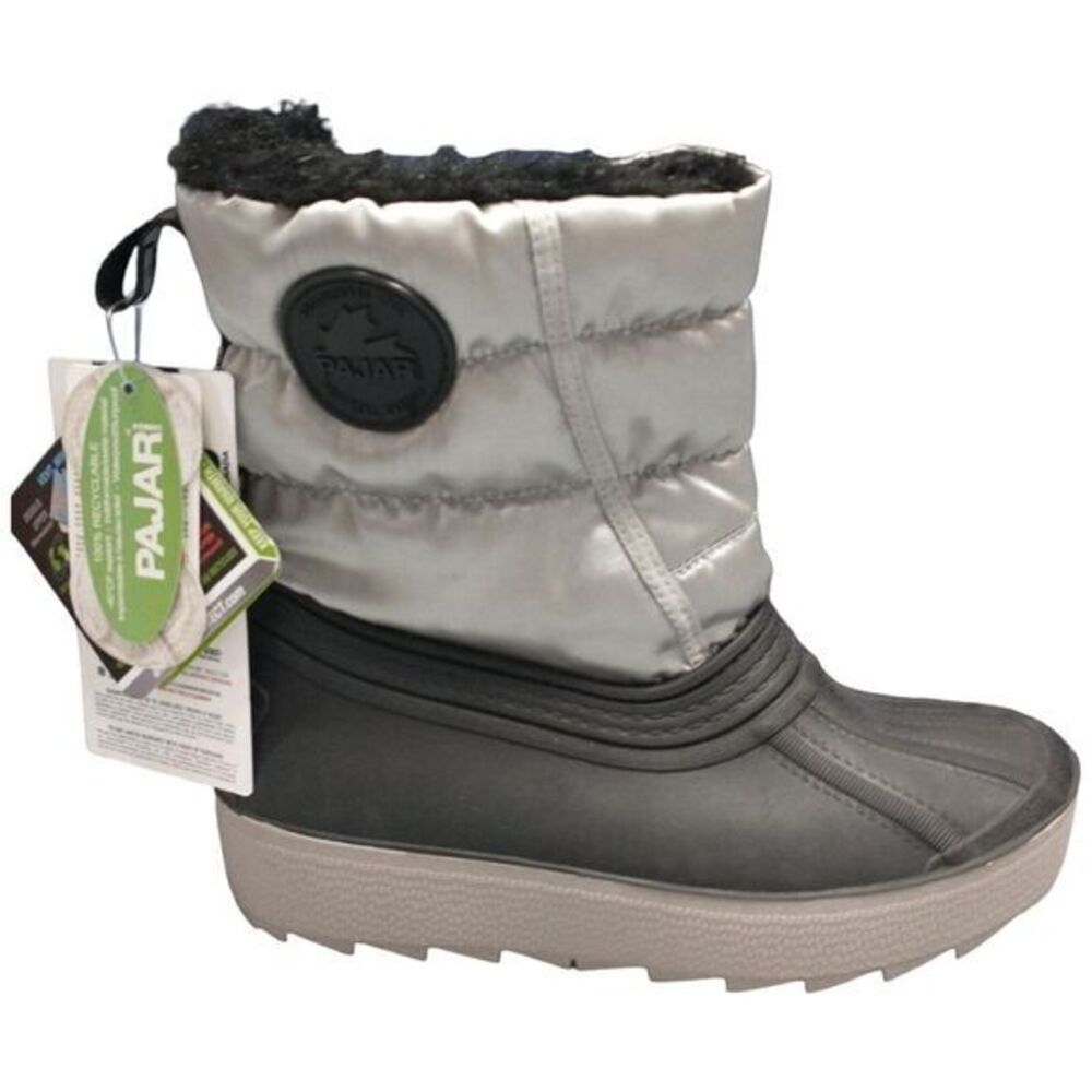 Pajar Metallic Duck‎ Boots Womens Size 5 Silver Black Rubber Faux Fur Lace Up
